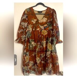 Hemant + Nandita Women’s Burnt Orange Floral Casual Dress; 4P